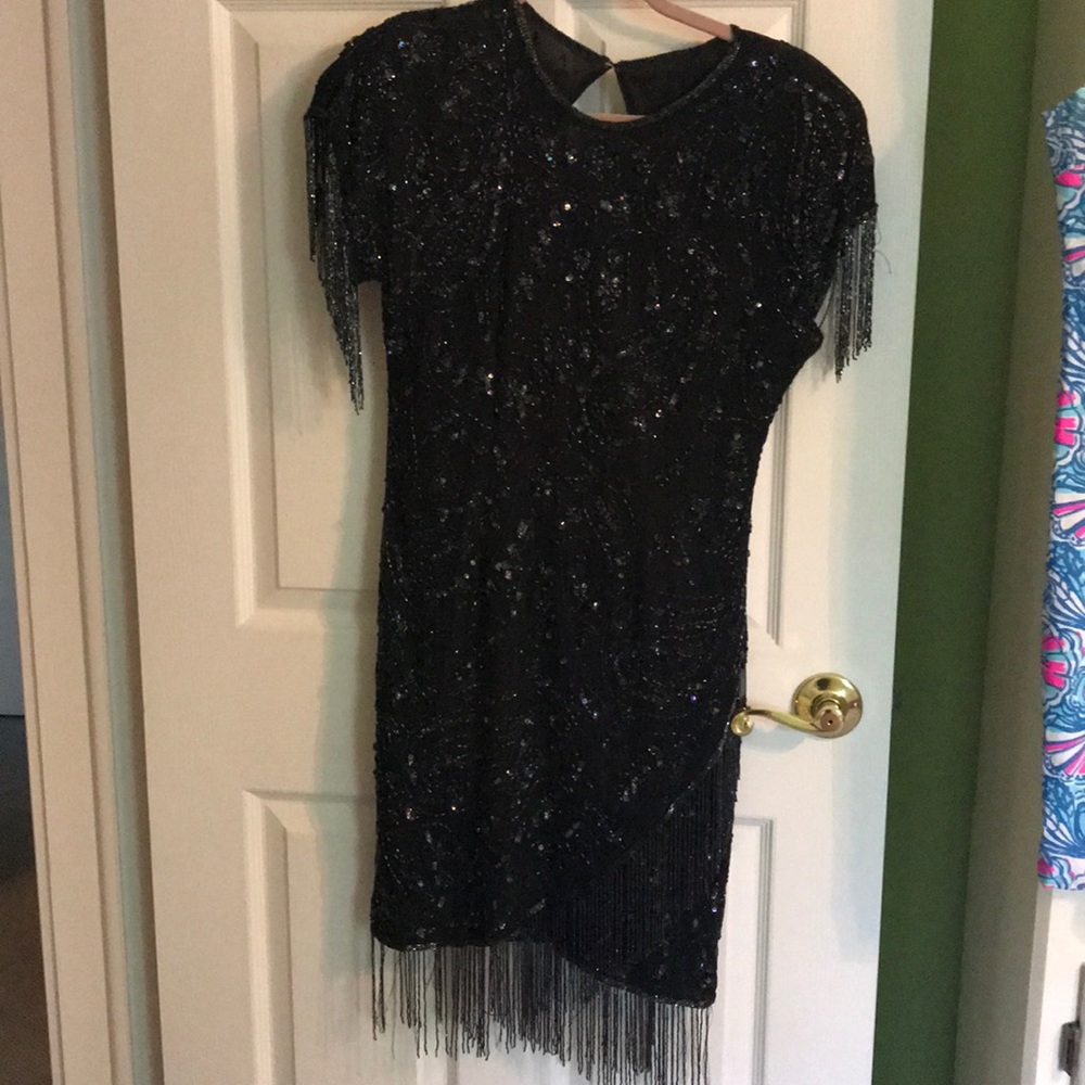VINTAGE black beaded flapper dress size 6